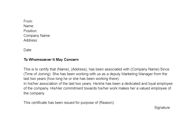 Format of bonafide certificate for employee