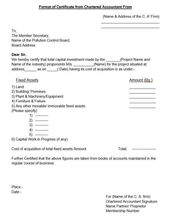 Format of Certificate from Chartered Accountant From Corpseed