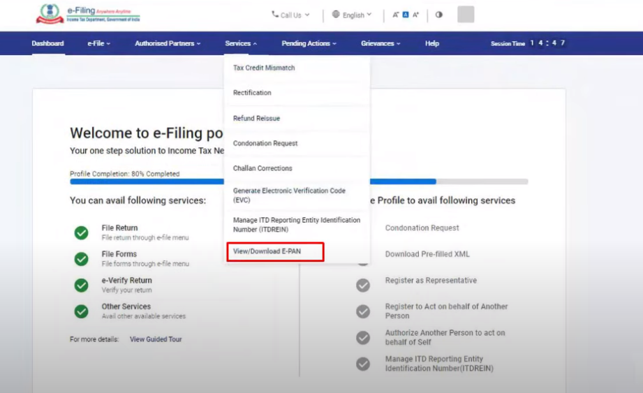 view and download e-PAN step 1